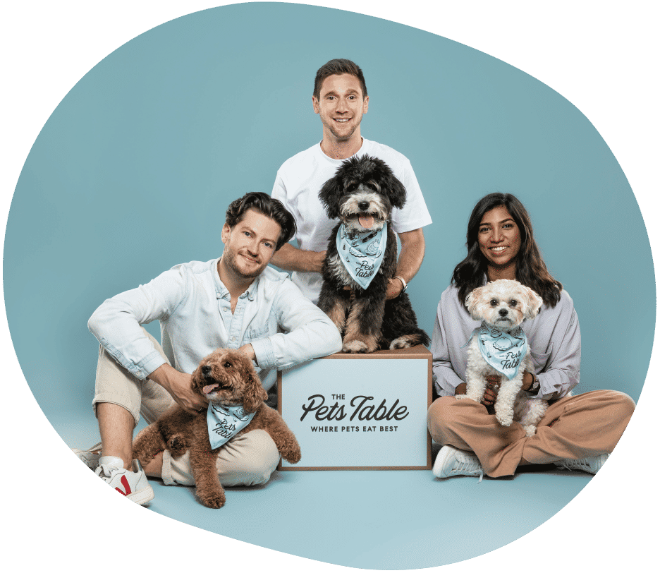 The Pets Table founders — Laurent, Dovas, and Anisha with their dogs